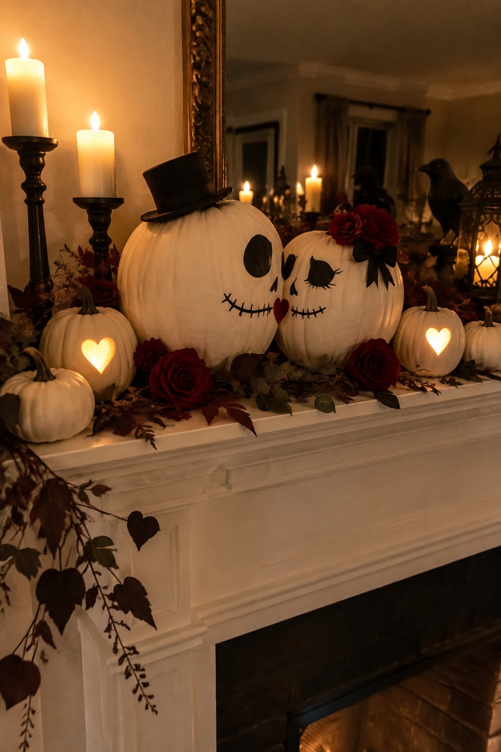 Glowing white pumpkins as Jack and Sally on mantel with candles and red roses