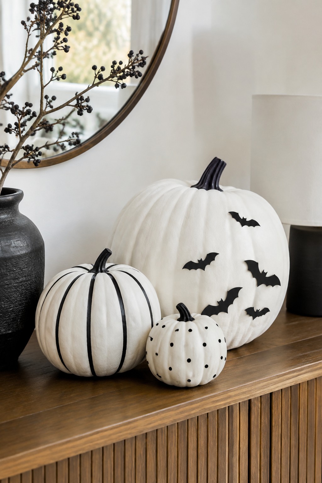 Three white pumpkins with black stripes, dots and bats on wooden table beside vase