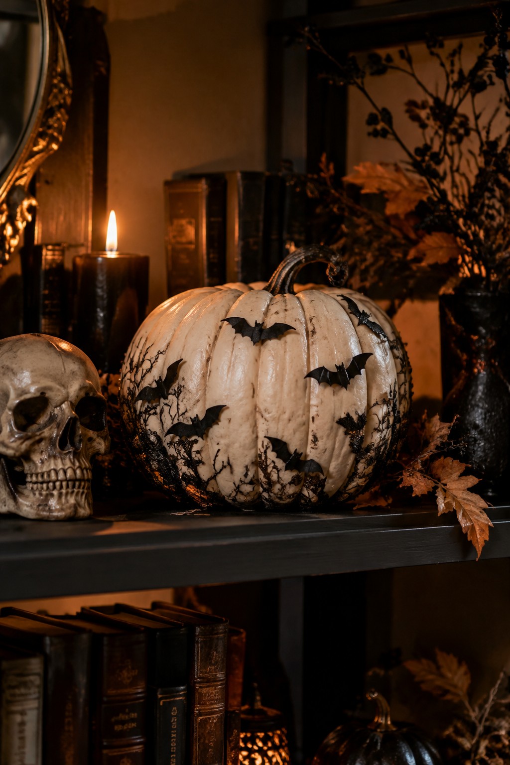 White pumpkin with black bats beside skull, lit candle, and old books on shelf