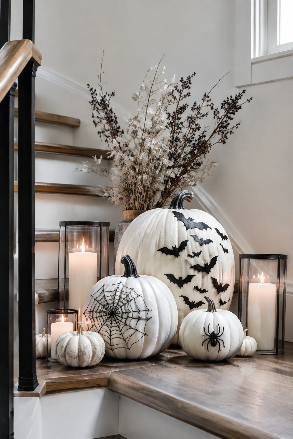 White pumpkins painted with black bats, a spiderweb, and a spider sit on wooden stairs beside glass candle lanterns and dried branches.
