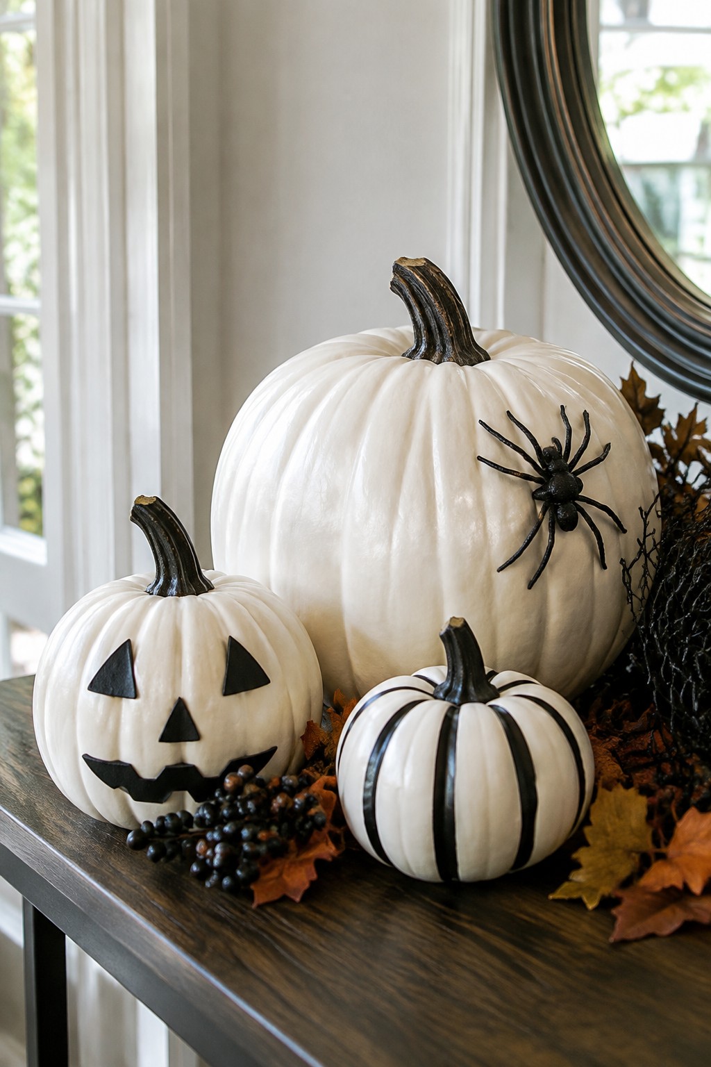 Three white pumpkins with spider, jack-o'-lantern face, and stripes on wooden table with fall leaves.