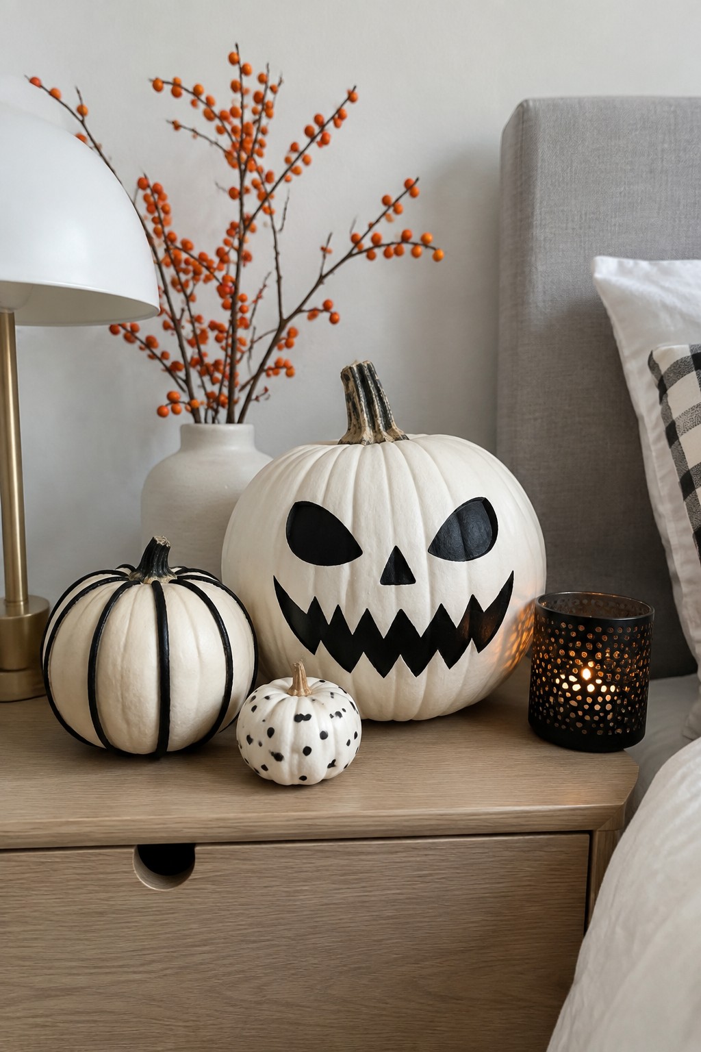 Nightstand holding several white pumpkins painted with black jack o lantern faces and patterns, next to a bed and a lit candle holder.