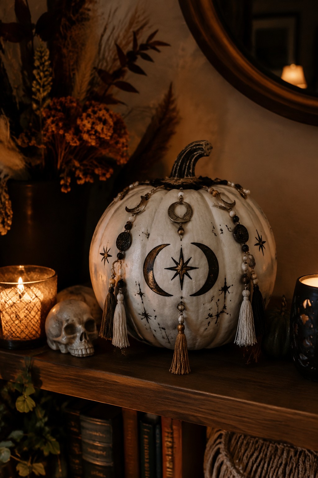 A white pumpkin painted with moon phases and stars, decorated with celestial jewelry and tassels on a wooden surface.