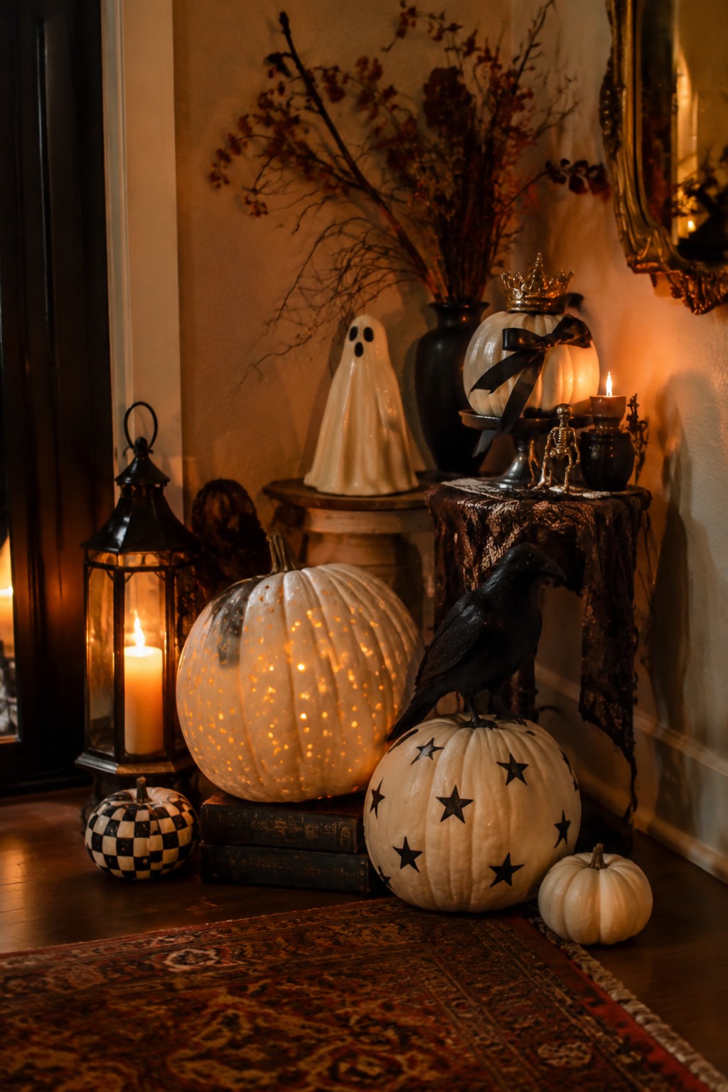 White pumpkins painted with black stars and glowing dots arranged in an entryway with a small black crow and ghost figure.