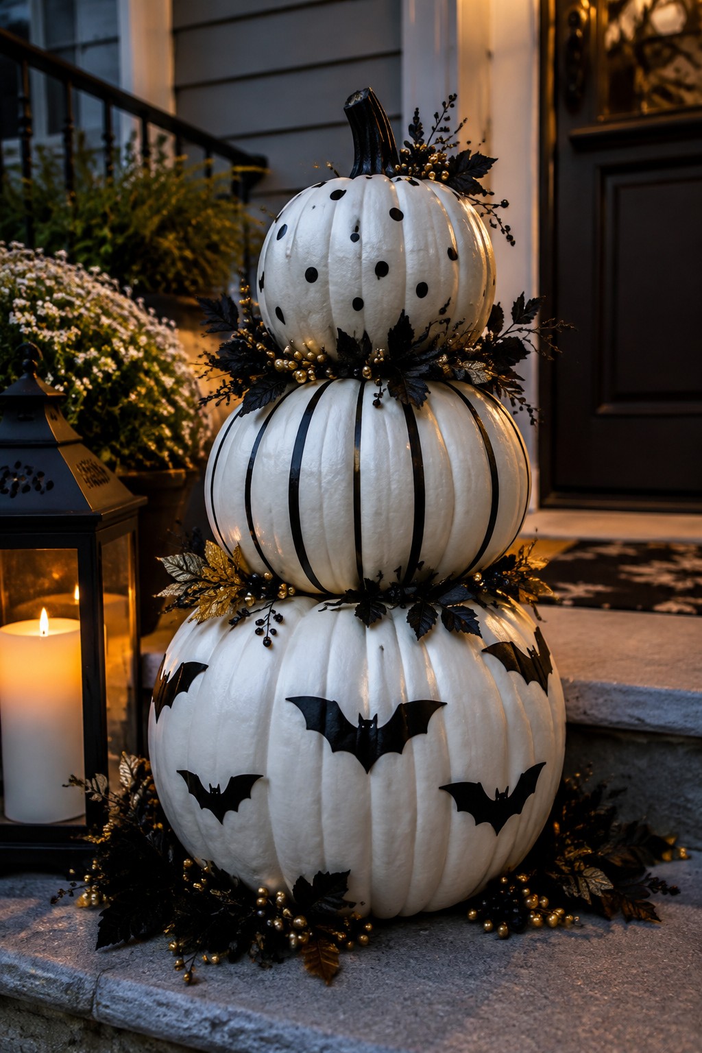 Stacked white pumpkins painted with black bats, stripes, and polka dots, accented with black leaves and gold beads on stone steps next to a lit lantern.
