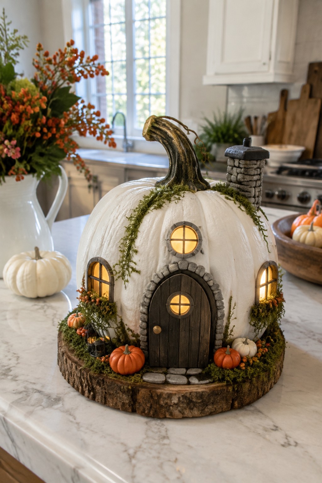 White pumpkin decorated as a miniature house with door, windows, chimney, and moss accents on a kitchen counter.