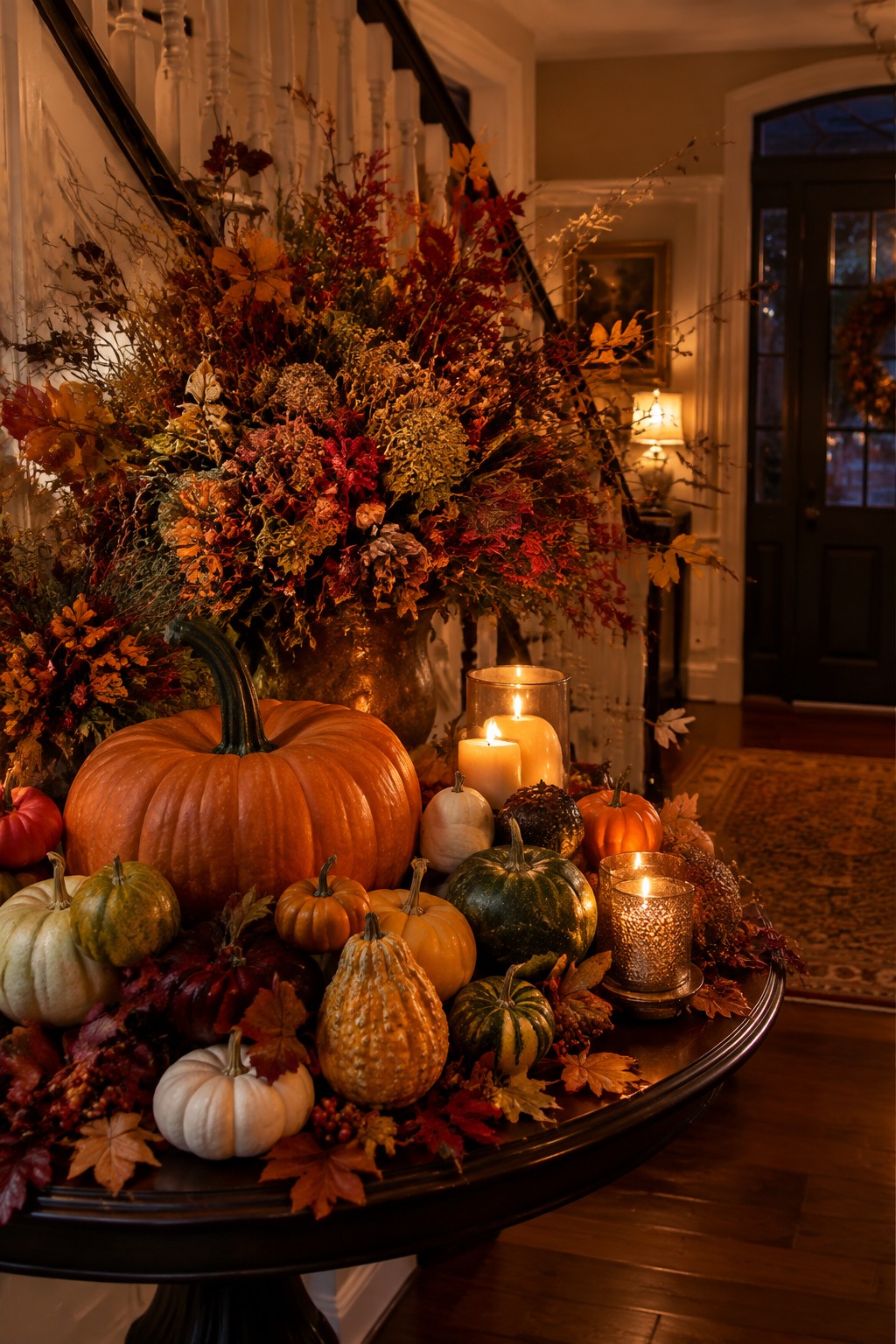 Round entry table covered with a large assortment of pumpkins and gourds in orange, white, green, and speckled finishes, surrounded by autumn leaves and several lit candles in glass holders.