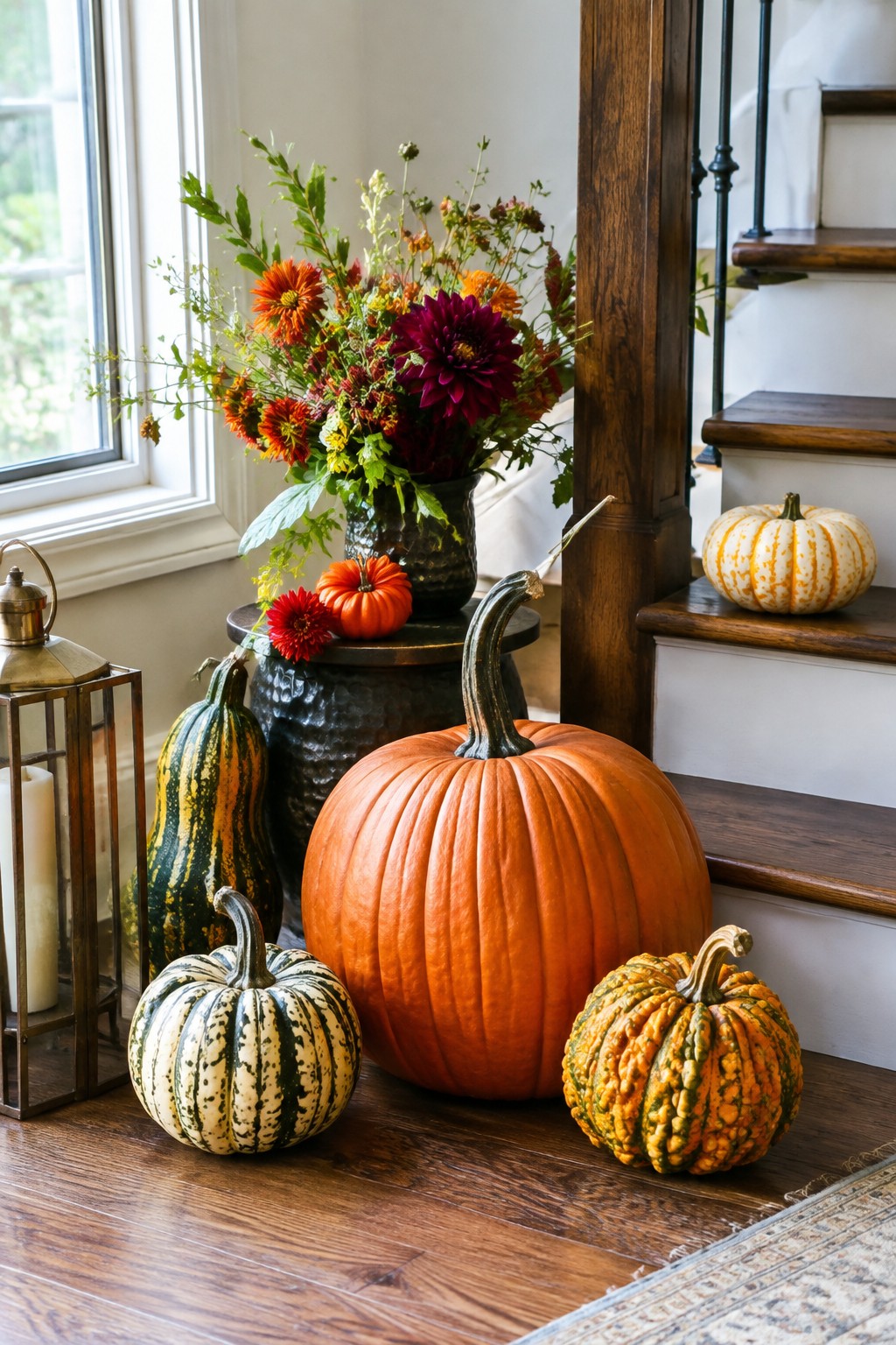 Entryway floor with a large orange pumpkin grouped with smaller striped and bumpy pumpkins near wooden stairs.