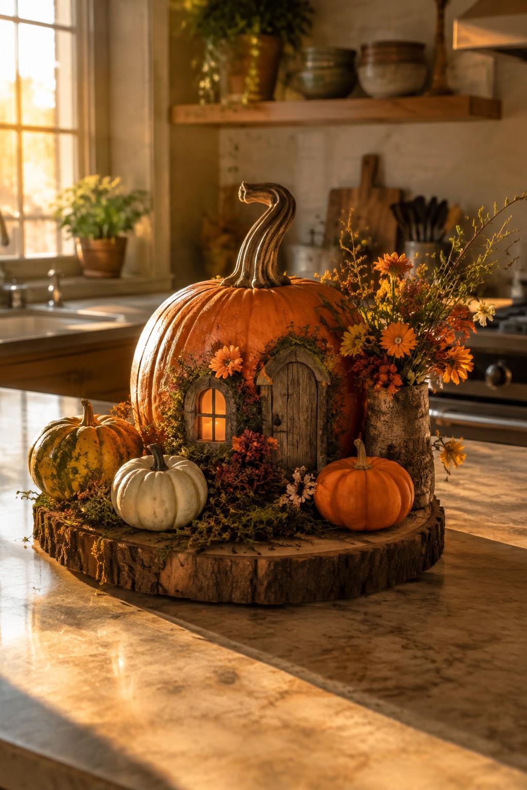Large orange pumpkin decorated as a tiny house with a wooden door, glowing window, and flowers on a kitchen counter.