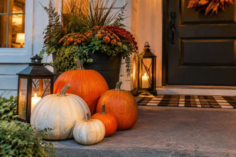 16 Eye-Catching Pumpkin Decorating Contest Ideas to Win First Place Front entrance steps lined with orange, white, and striped pumpkins beside a lit black lantern and potted orange and white flowers.