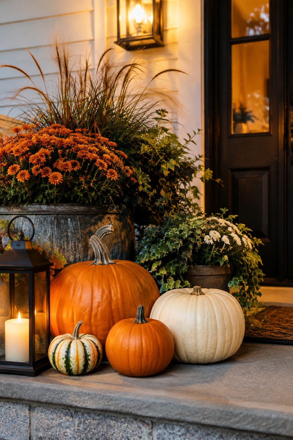 Front entrance steps lined with orange, white, and striped pumpkins beside a lit black lantern and potted orange and white flowers.