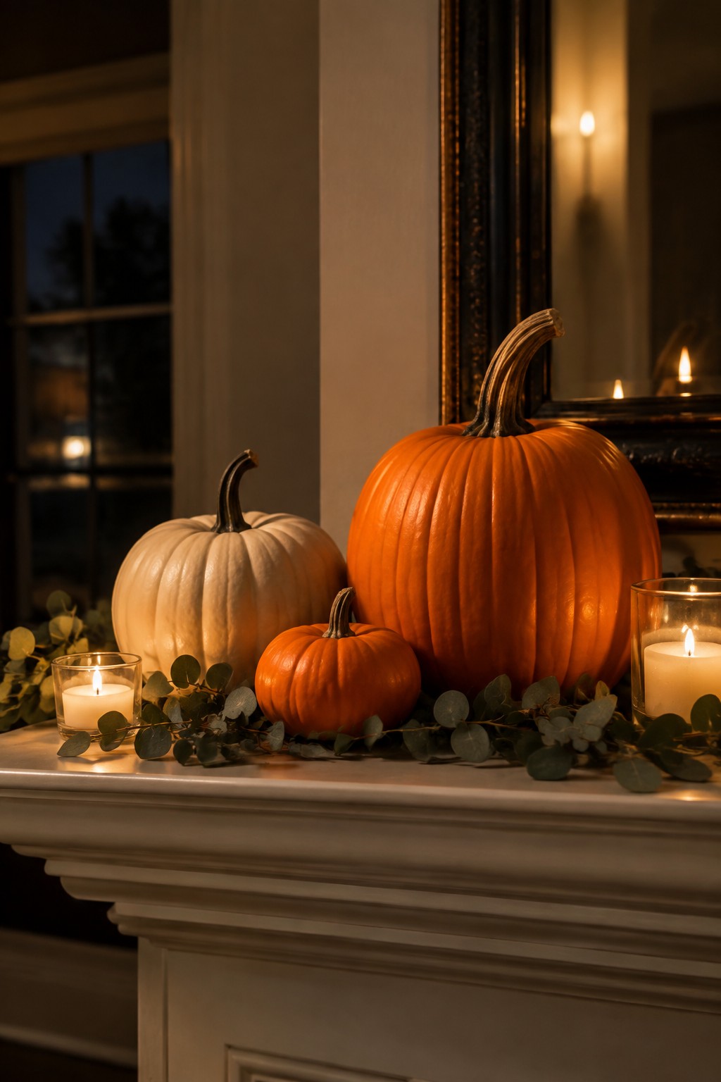 White mantel holding three pumpkins of different sizes and colors with lit candles and eucalyptus stems.