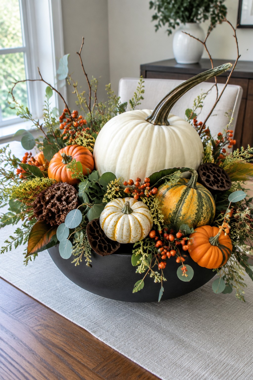 A black bowl centerpiece holding a large white pumpkin, smaller orange pumpkins, a striped gourd, and autumn foliage on a dining table.