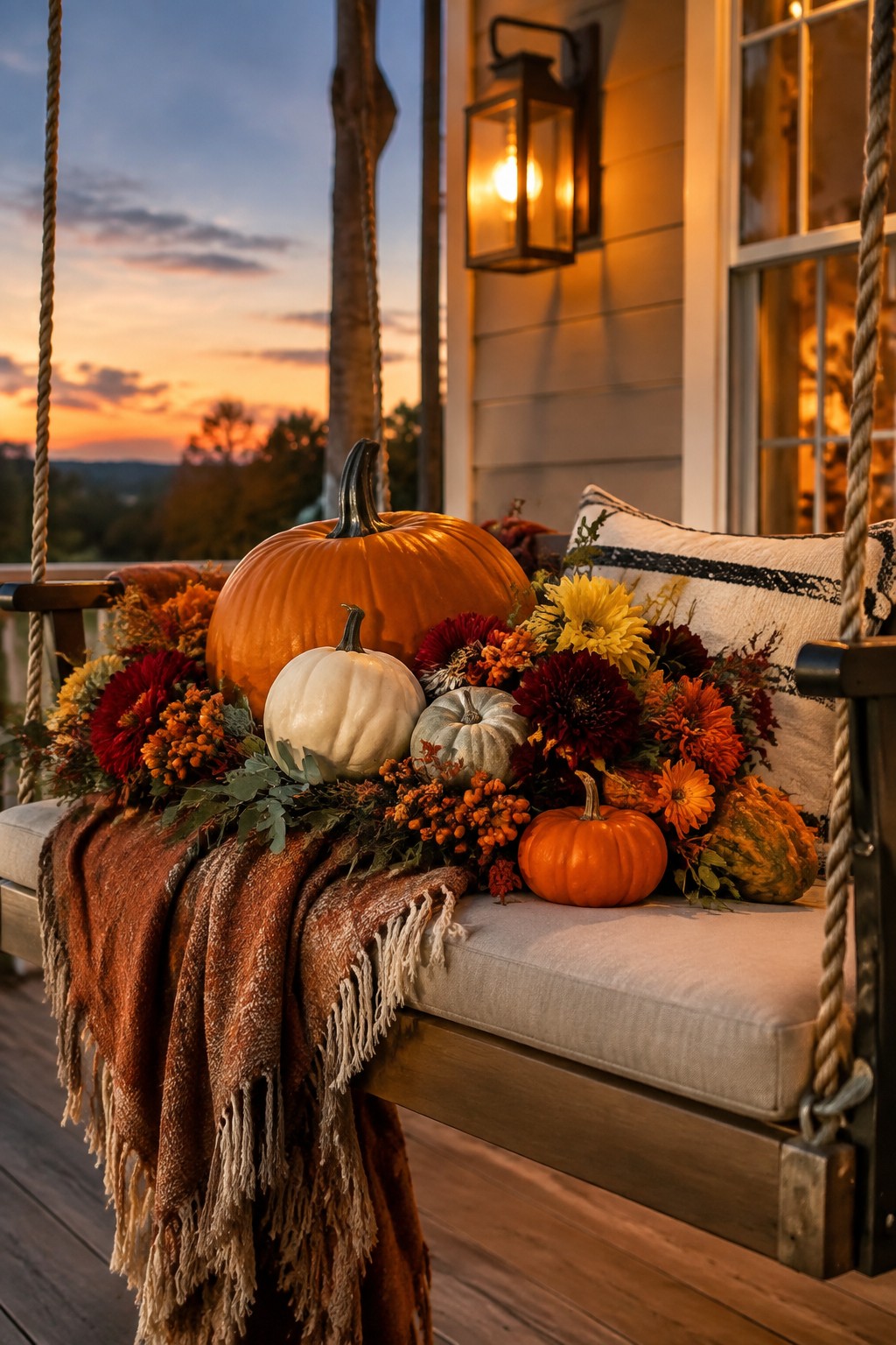 A wooden porch swing holds several pumpkins of different sizes and colors surrounded by autumn flowers and a rust-colored blanket.