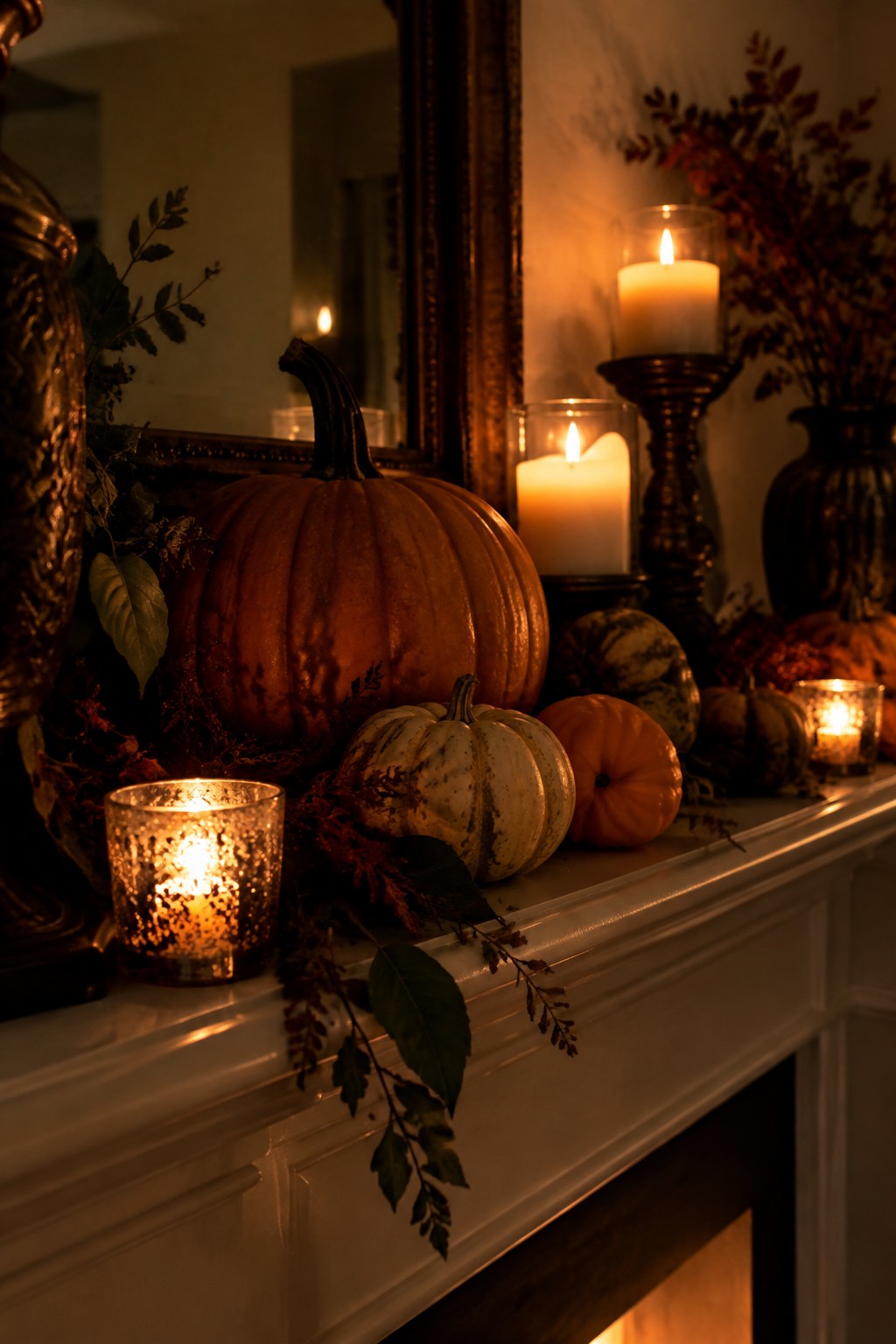 Autumn mantel with pumpkins, flickering candles, and dried autumn leaves on white fireplace