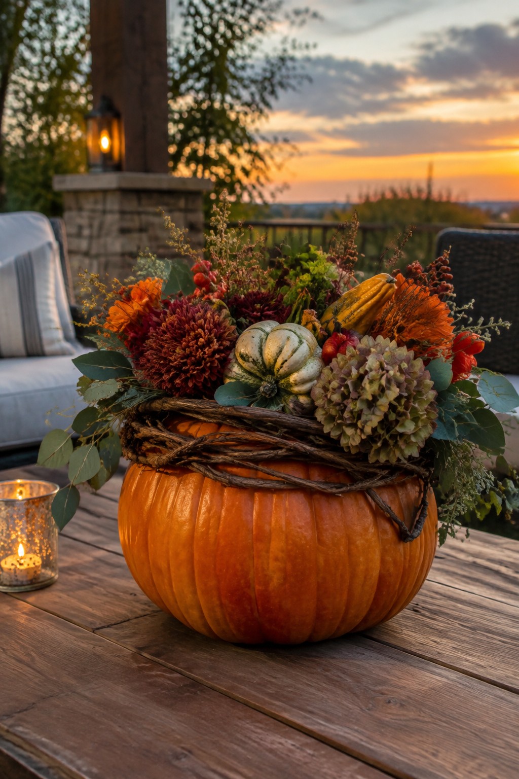 Large orange pumpkin filled with flowers and smaller gourds on a wooden outdoor table at sunset.