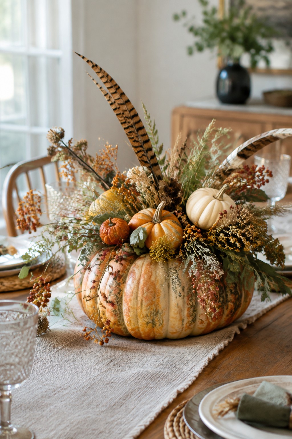 A large mottled pumpkin centerpiece on a dining table filled with smaller pumpkins, dried foliage, and feathers.