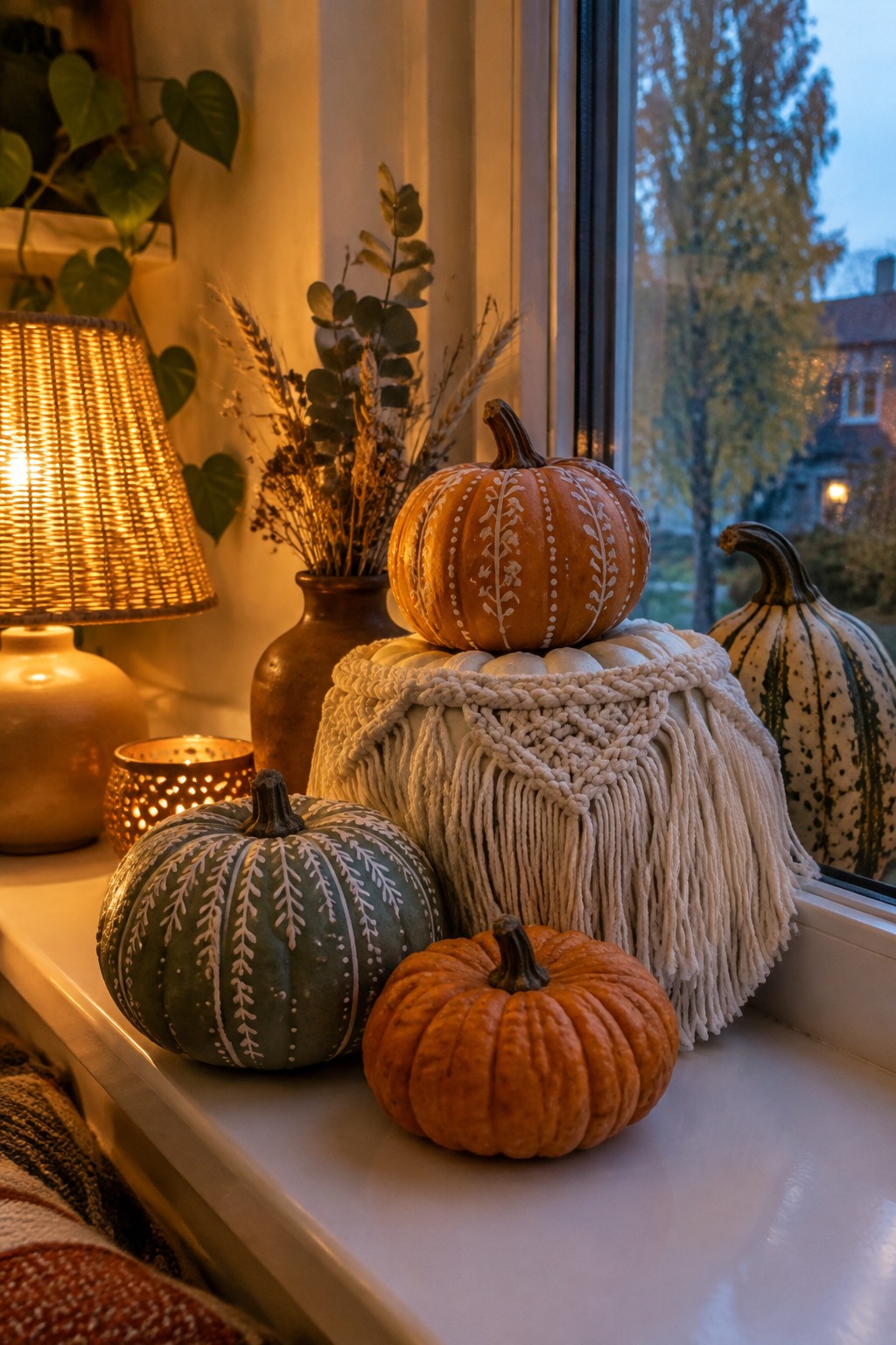 A windowsill grouping of pumpkins painted with white vine patterns, including green, orange, and one wrapped in macrame.