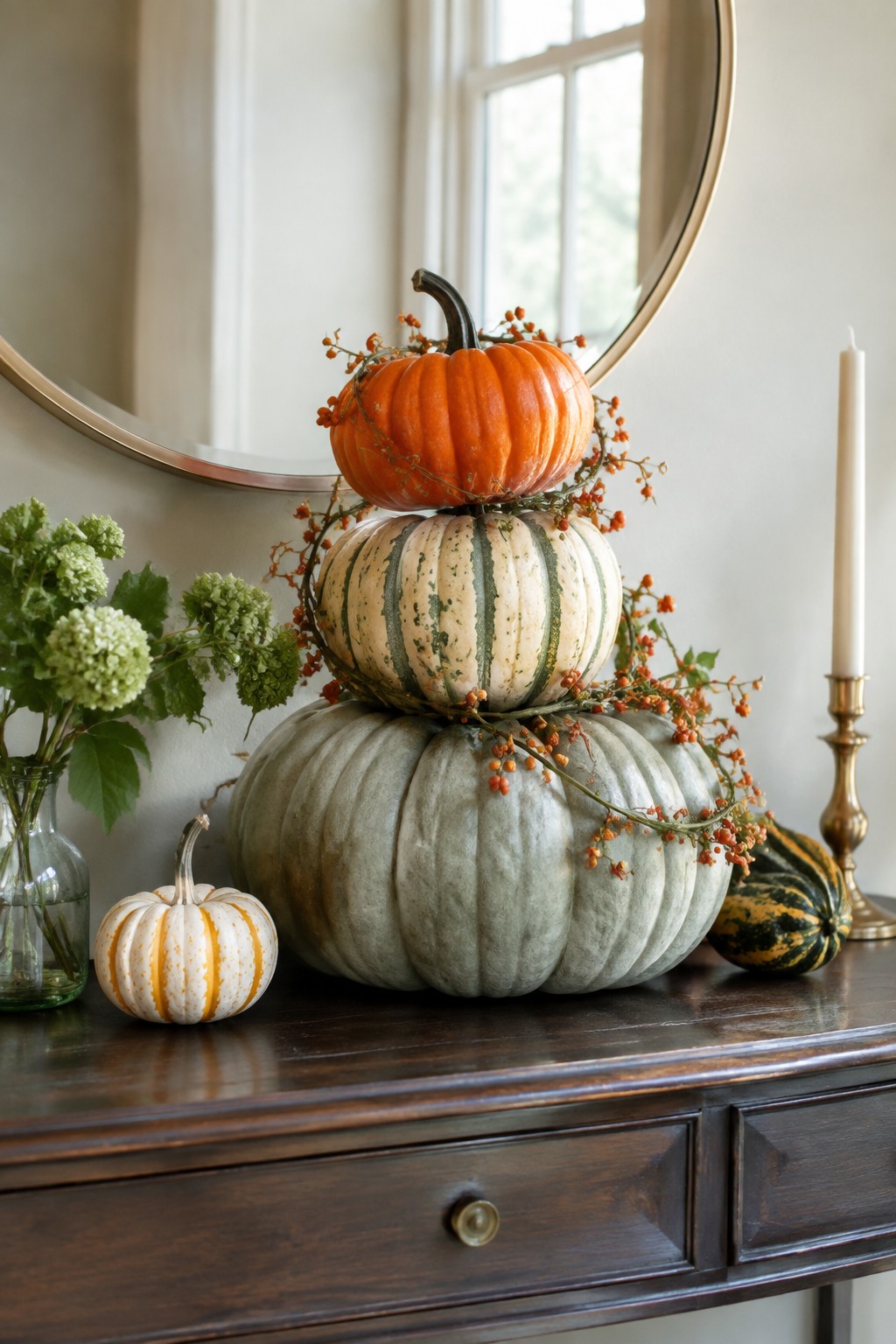 Console table topped with three stacked pumpkins in orange, striped green, and solid sage tones, wrapped with berry garlands and a small striped pumpkin nearby.
