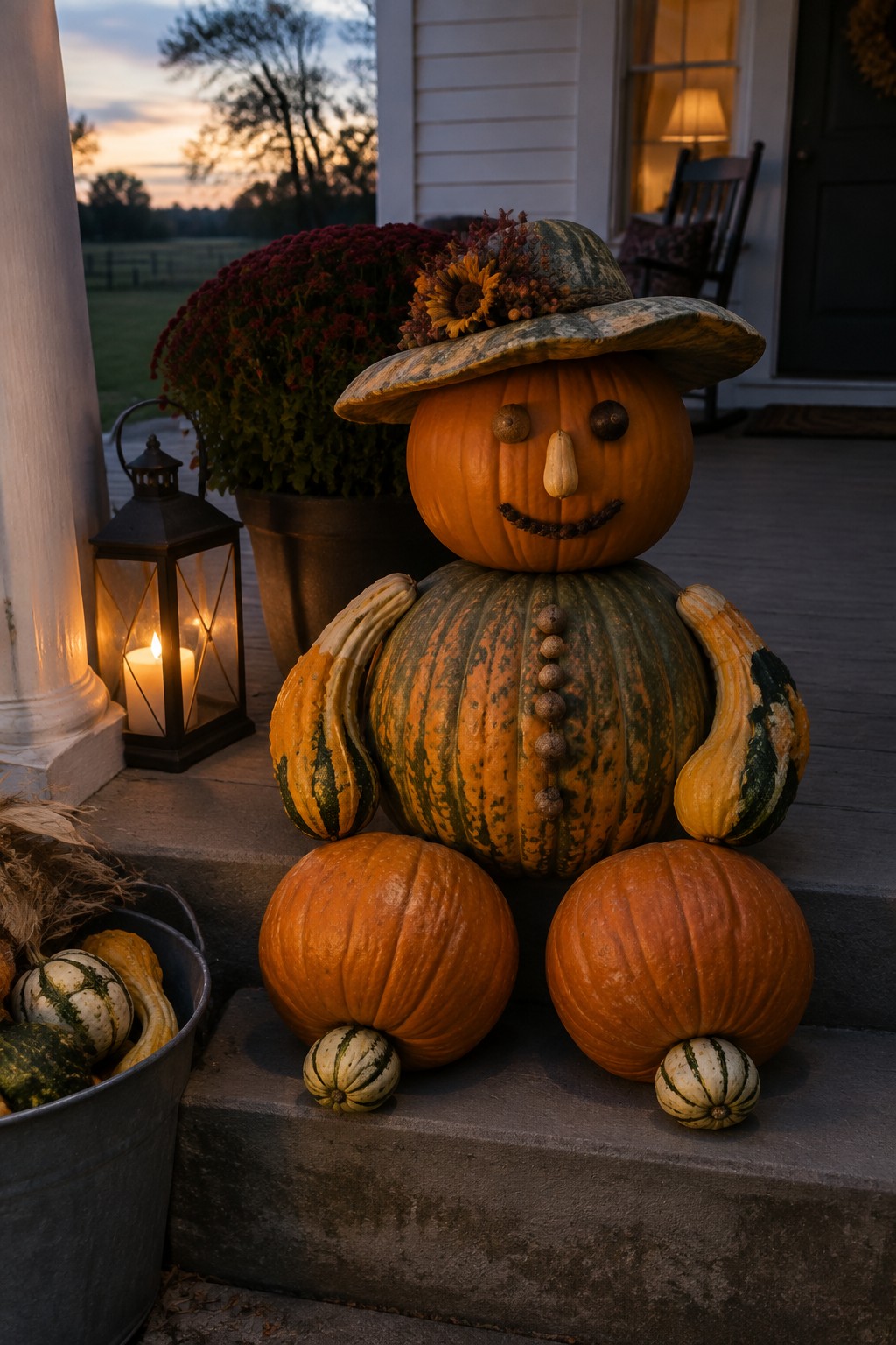 A stacked pumpkin scarecrow figure with a hat and gourd arms sits on concrete porch steps beside a lit lantern and smaller pumpkins.