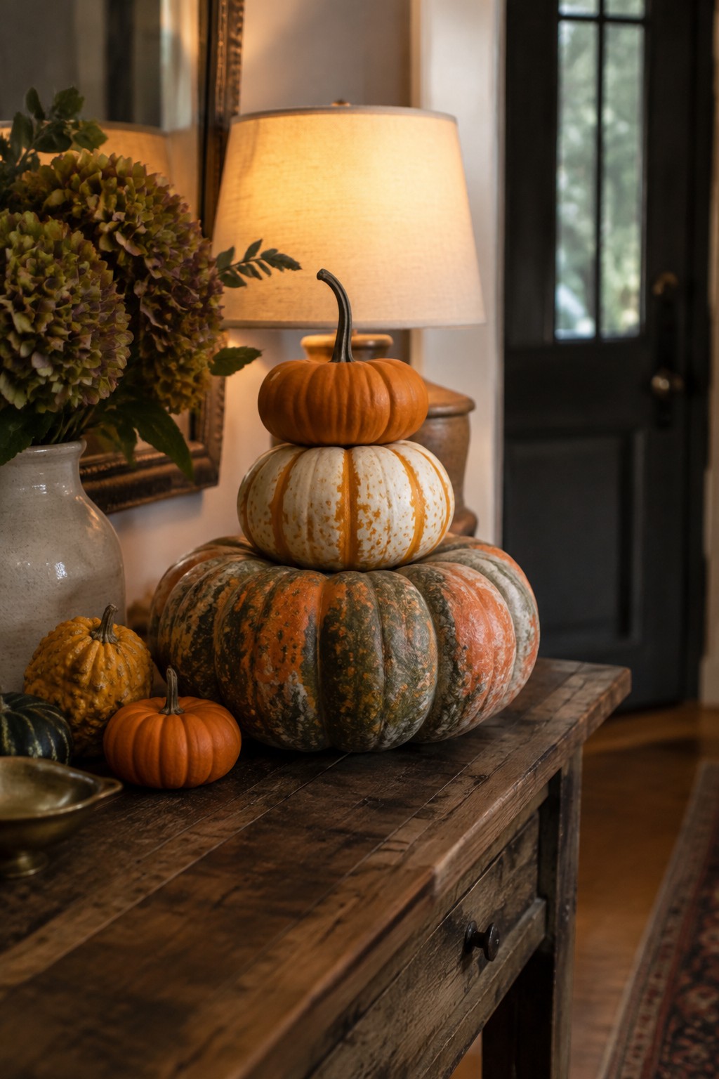 A console table in an entryway holds a tall stack of three pumpkins in orange, white, and mottled green tones, with smaller pumpkins and a vase of flowers nearby.