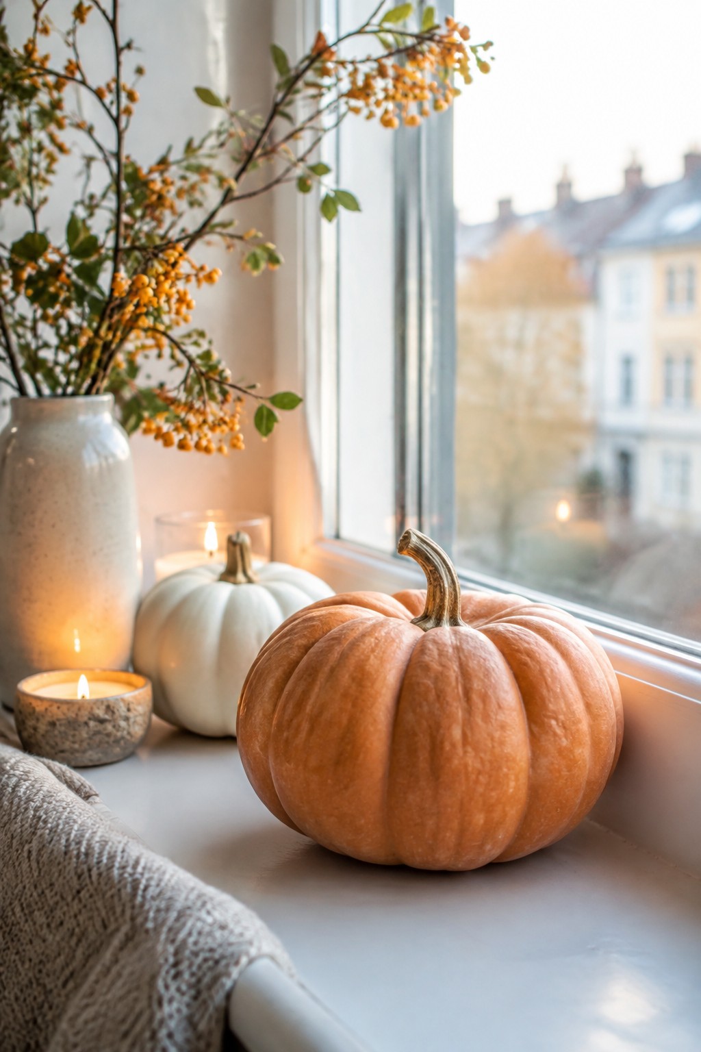 An orange pumpkin and a white pumpkin sit on a windowsill beside lit candles and a vase of autumn branches.
