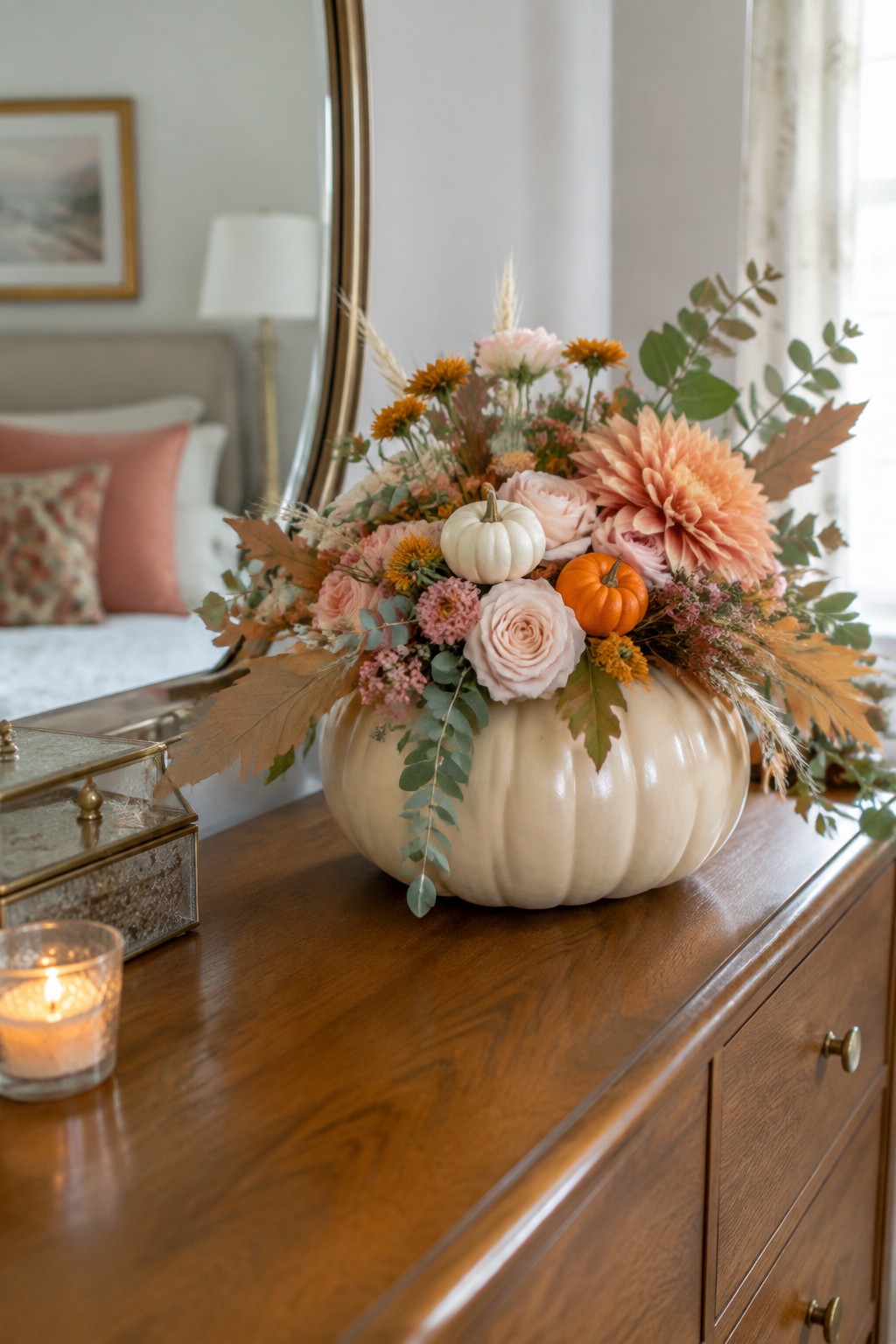 White pumpkin floral arrangement with pink roses and orange dahlias on wooden dresser