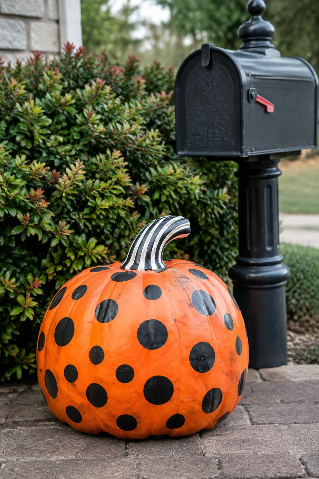 Orange pumpkin with black polka dots and striped stem beside black mailbox