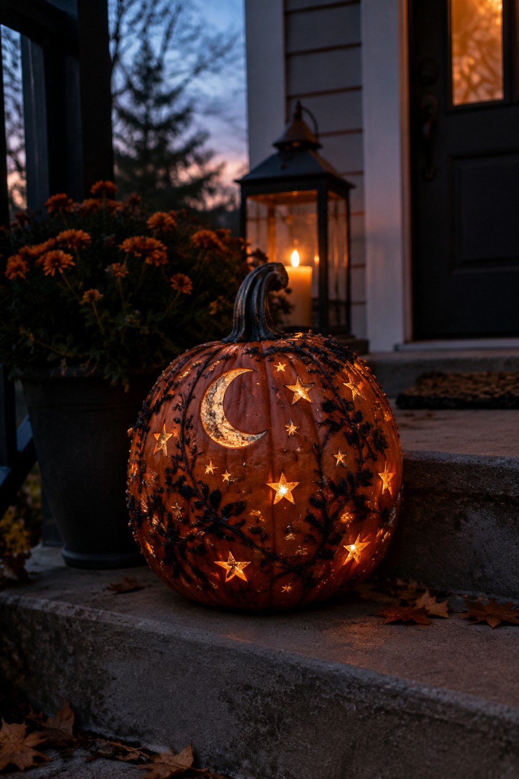 Glowing jack-o'-lantern with moon and stars on autumn porch steps at dusk