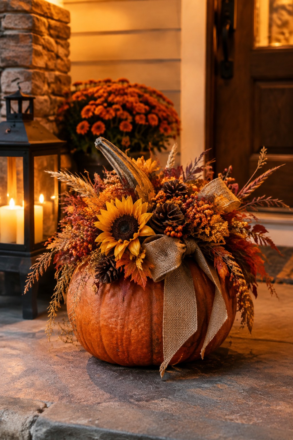 A large orange pumpkin filled with sunflowers, dried flowers, pinecones, and berries, tied with a burlap bow and placed on stone steps beside a lit lantern.