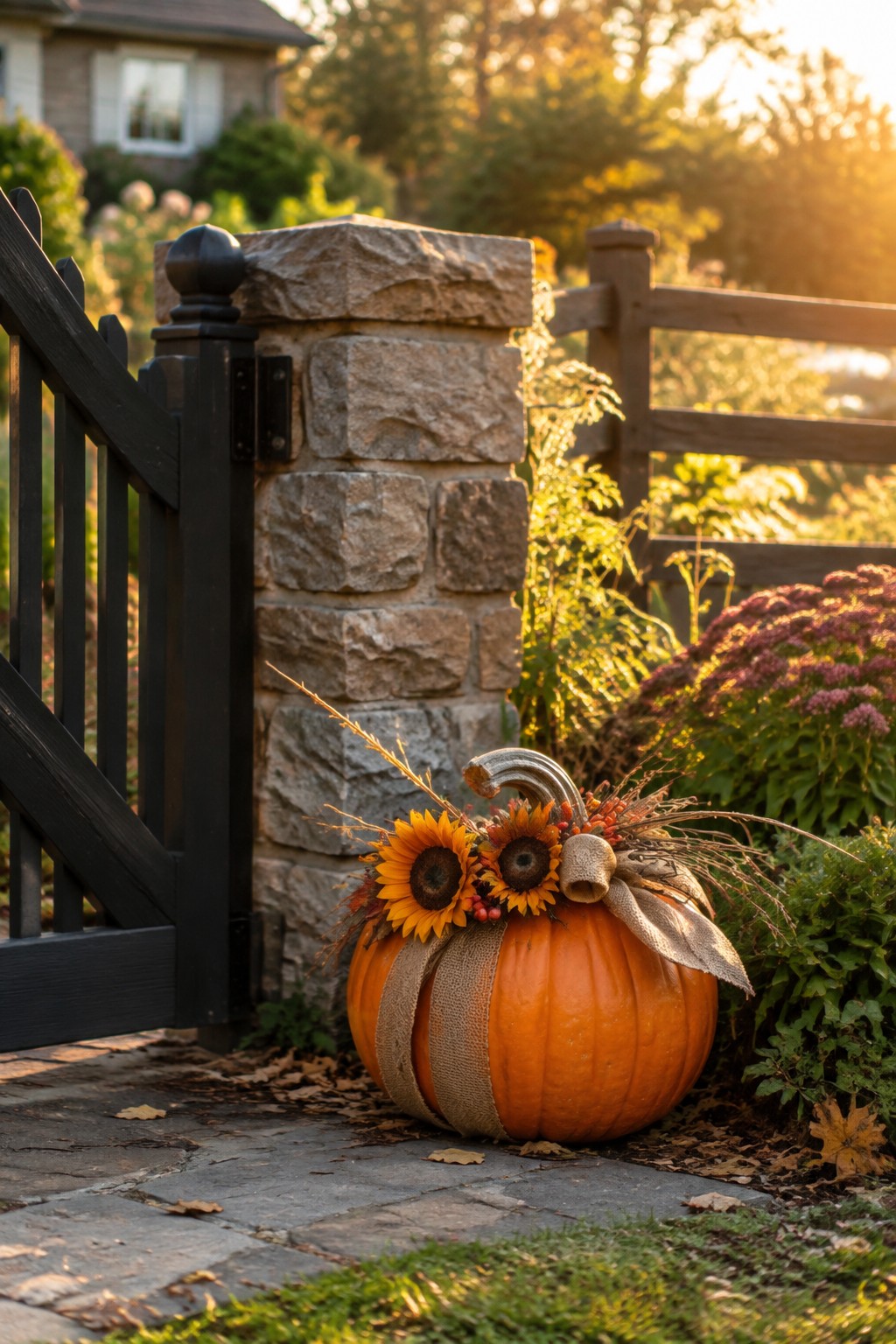 A large orange pumpkin wrapped in burlap and topped with sunflowers sits on a stone path next to a black gate and stone pillar.