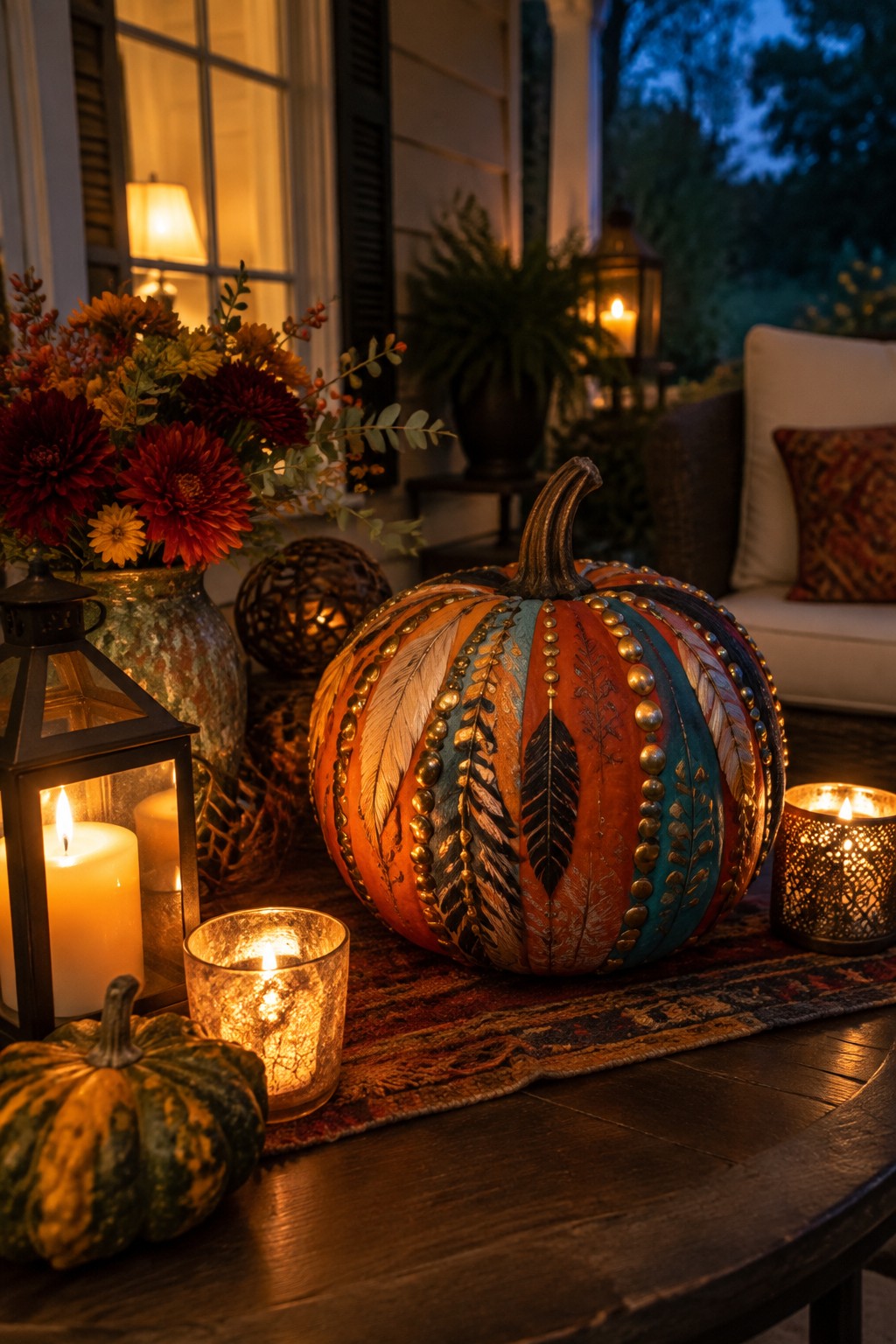 Large pumpkin painted with colorful patterns, feathers, and metallic beads sits on a wooden table outdoors surrounded by candles and smaller pumpkins.