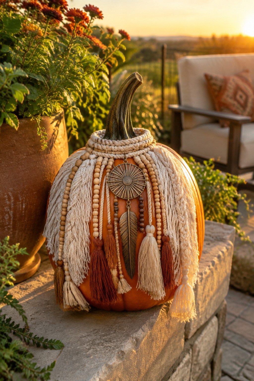 Large orange pumpkin on a stone patio ledge wrapped with macrame cord, wooden beads, tassels, and a metal sunburst pendant.