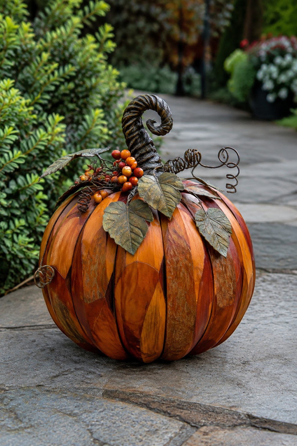 Large wooden and metal pumpkin sculpture with twisted stem, metal leaves, and small berries resting on a stone walkway outdoors.