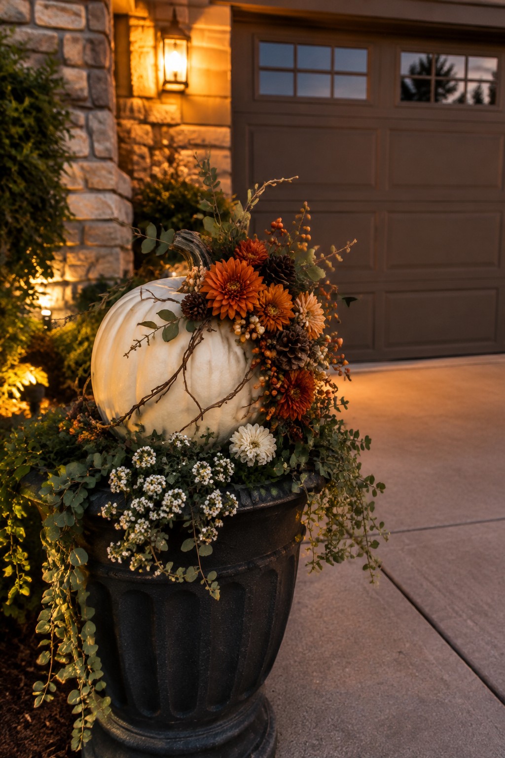 White pumpkin with orange flowers, pinecones, and vines in black urn at dusk