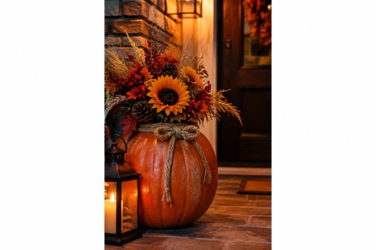 A large orange pumpkin filled with sunflowers, dried flowers, pinecones, and berries, tied with a burlap bow and placed on stone steps beside a lit lantern.