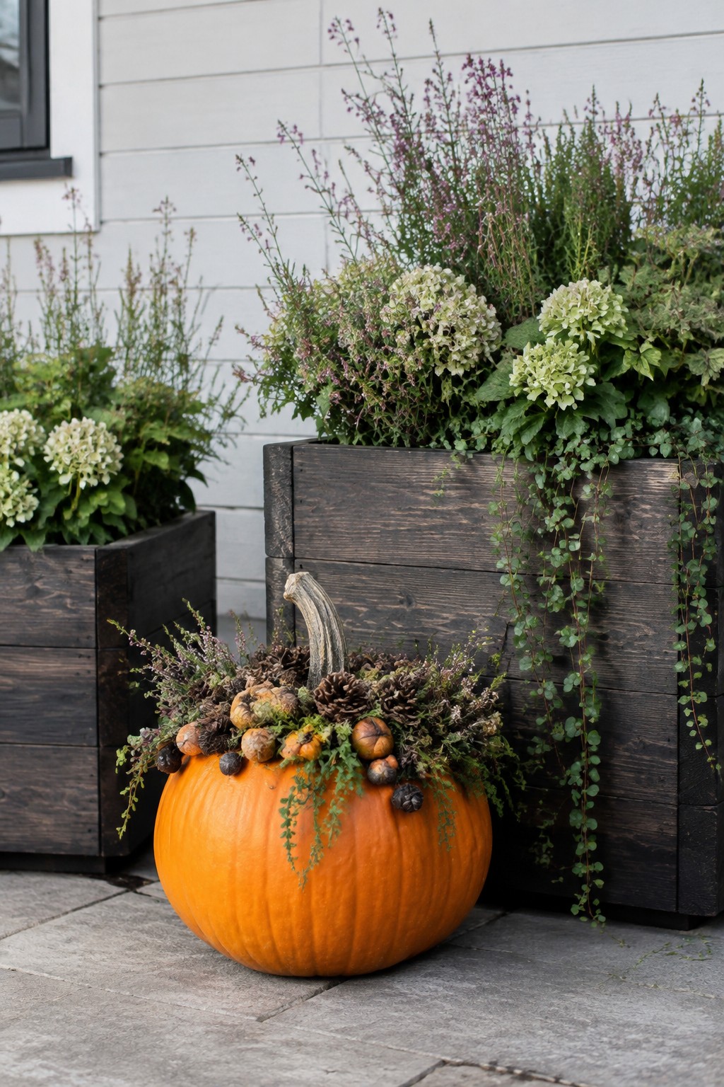 Large orange pumpkin topped with pinecones, small gourds, and greenery on a stone patio beside dark wooden planters.