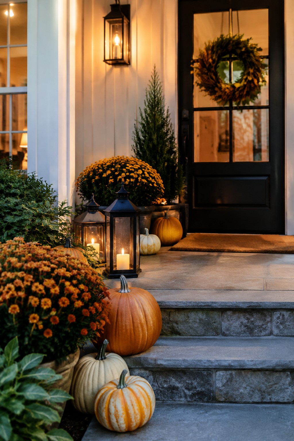 Front porch steps lined with orange, white, and striped pumpkins next to black lanterns and autumn flowers.