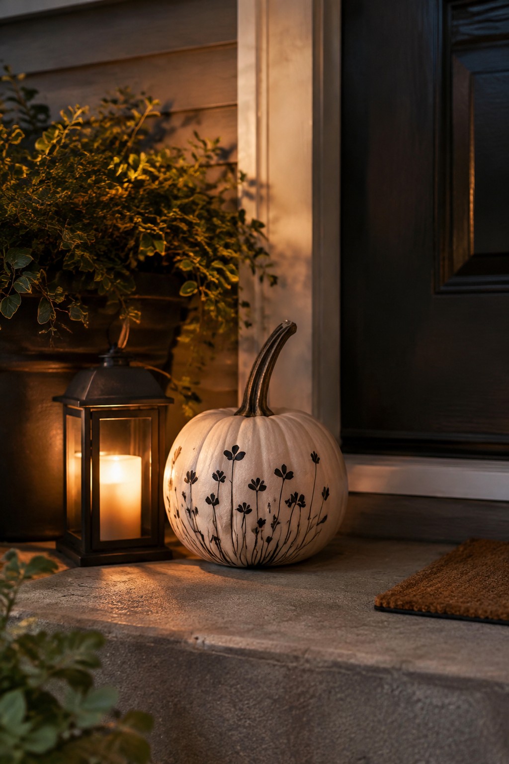 White pumpkin with black botanical line drawings on concrete porch steps beside a lit black lantern and a dark front door.