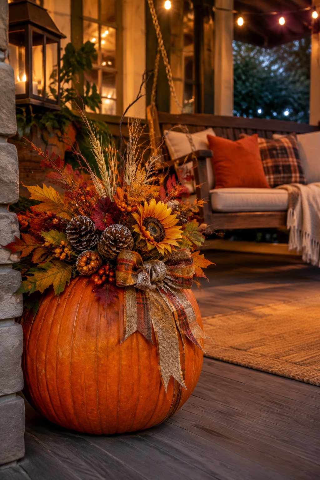 Large orange pumpkin topped with autumn leaves, pinecones, a sunflower, and a plaid bow on a wooden porch next to a stone wall.