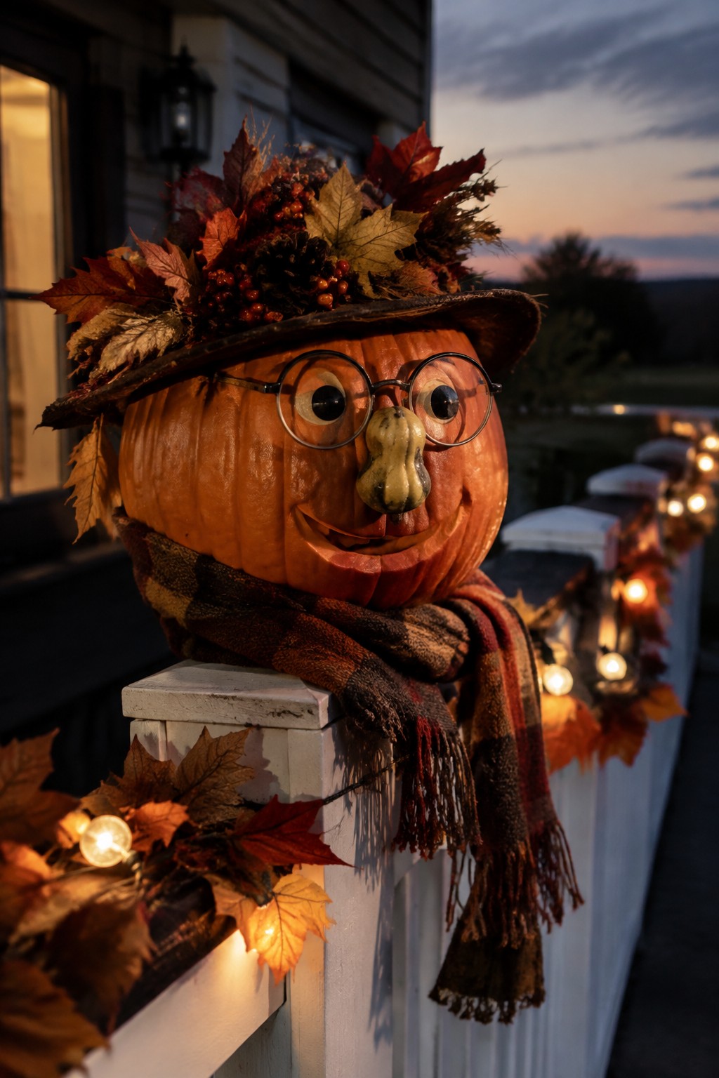 A carved pumpkin with glasses, a gourd nose, leaf hat, and plaid scarf displayed on a white porch railing.
