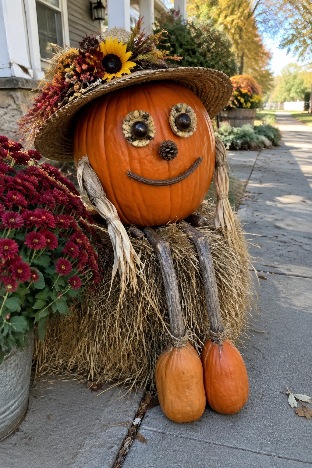 Pumpkin scarecrow in floral straw hat with seed eyes, pinecone nose, stick limbs, and gourd feet on hay.
