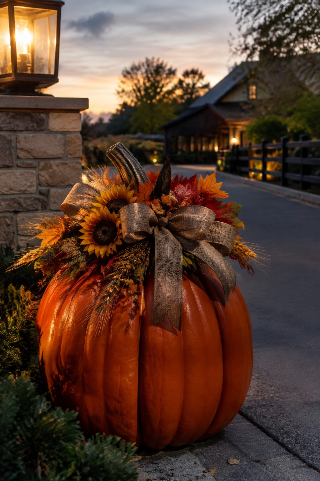 Large orange pumpkin decorated with sunflowers, autumn leaves, wheat, and a gray ribbon bow placed beside a stone pillar and lantern on an outdoor walkway.