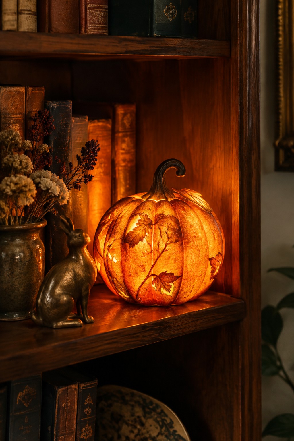 A glowing carved pumpkin with leaf cutouts sits on a wooden bookshelf among old books, a small rabbit figurine, and dried flowers.