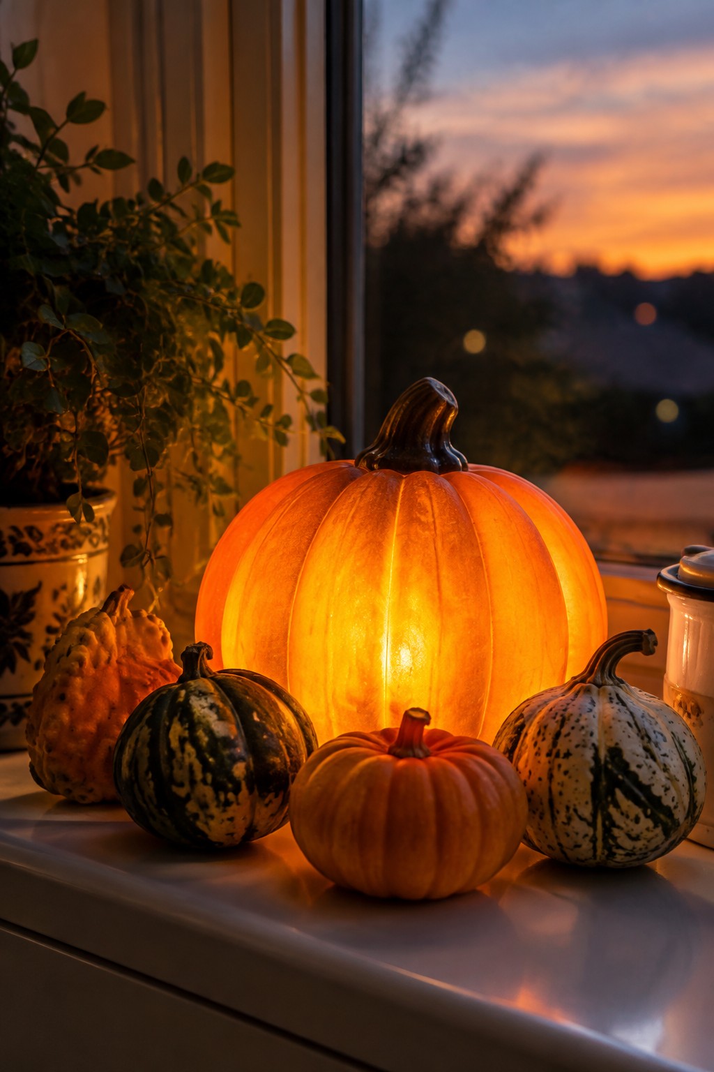 Glowing pumpkin with smaller gourds on windowsill at sunset