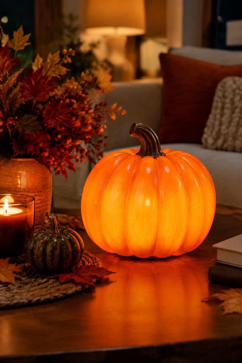 A glowing orange pumpkin night light sits on a wooden coffee table with a small dark gourd, lit candle, and autumn leaves nearby.