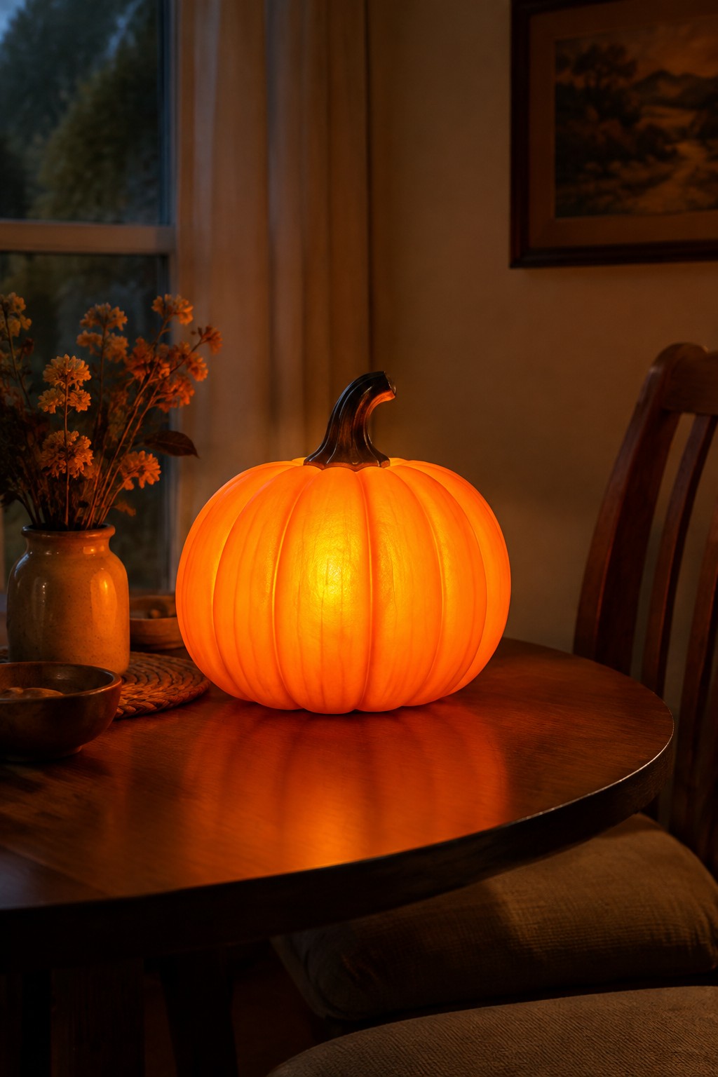 A glowing orange pumpkin night light sitting on a wooden dining table with a vase of dried flowers to the left.