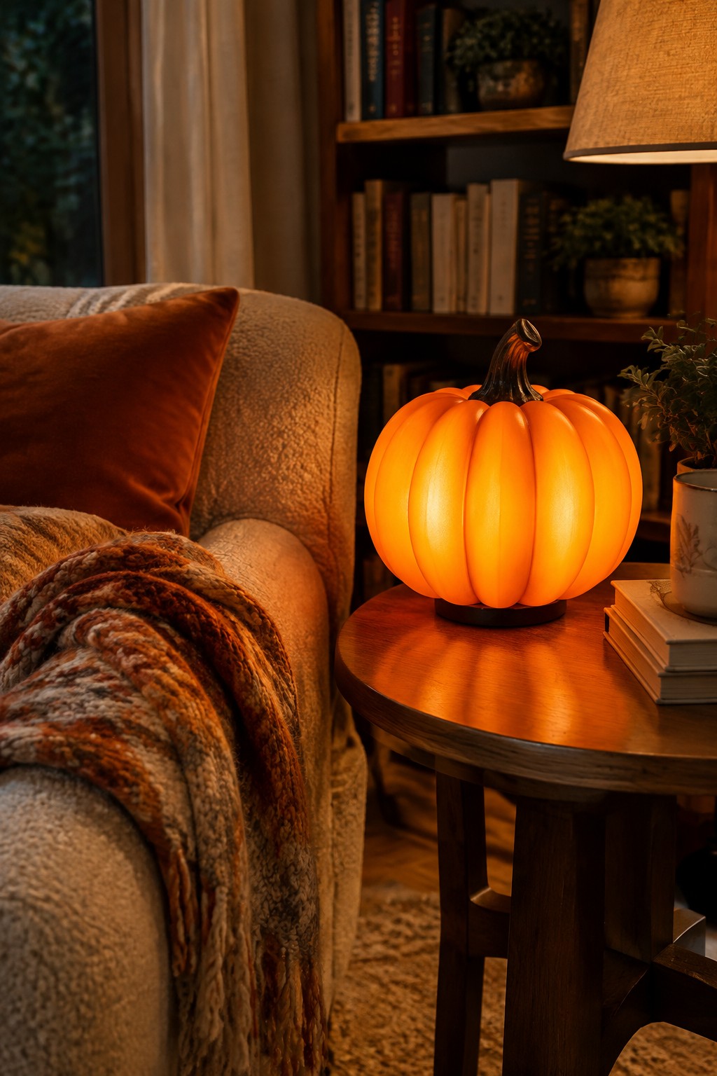 Glowing pumpkin lamp on wooden table beside cozy armchair with knitted blanket