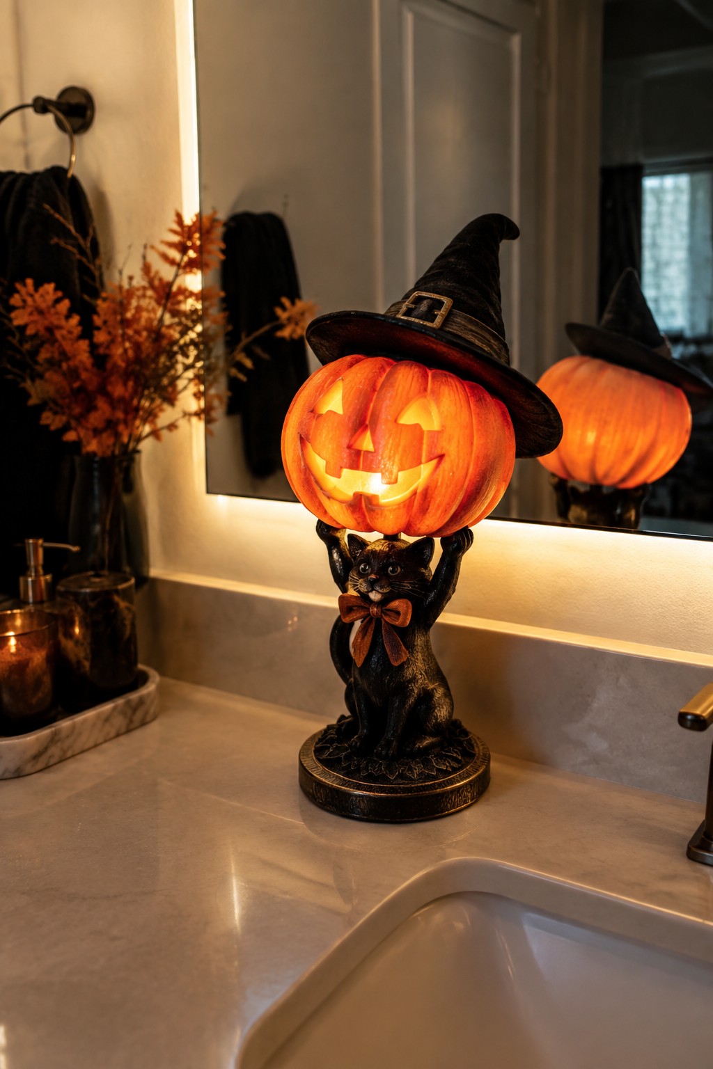A black cat figurine in a witch hat holds a glowing carved pumpkin night light on a bathroom counter.