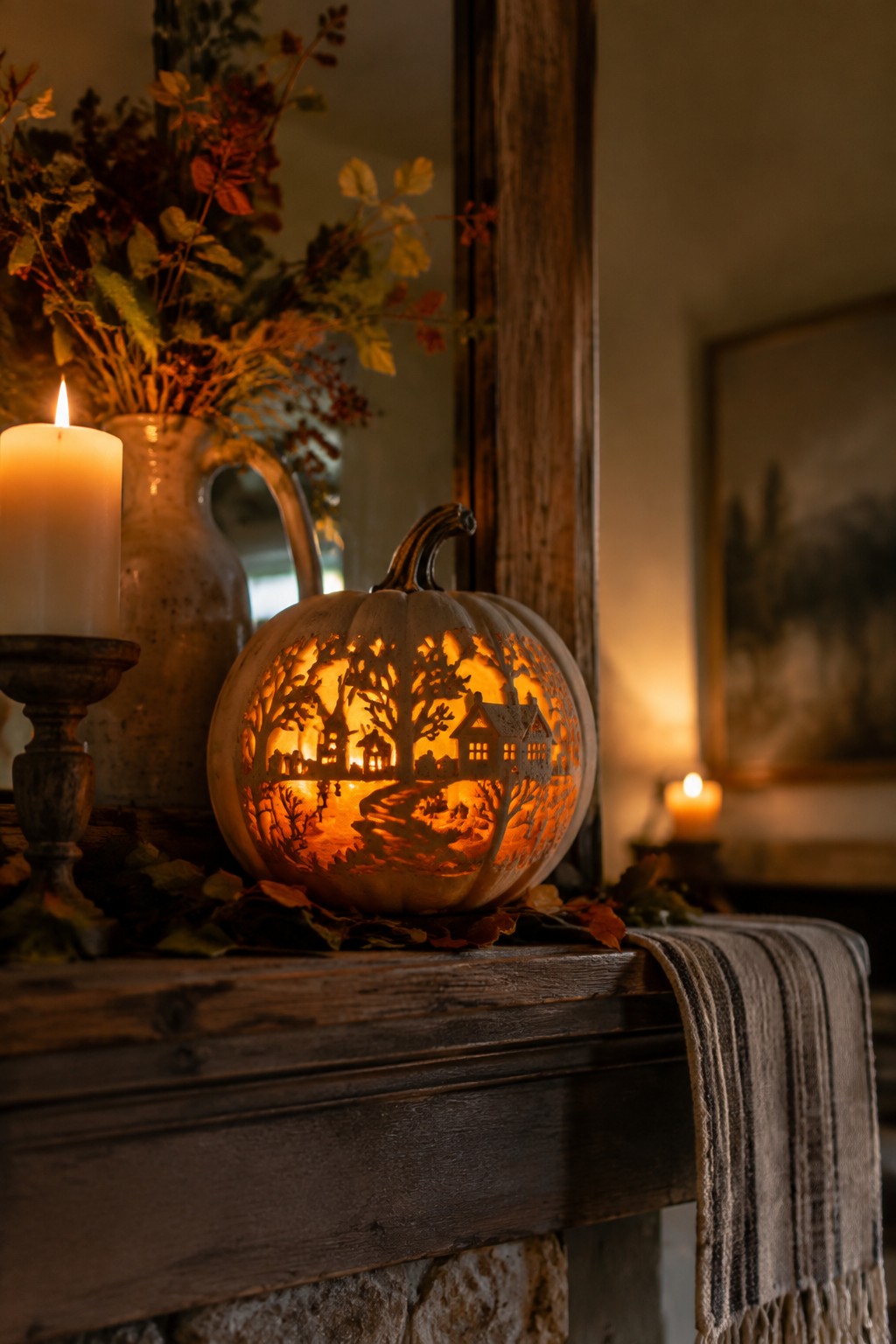 Glowing carved pumpkin with village scene on rustic mantel amid autumn decor